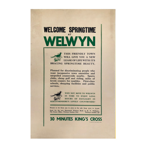 Original vintage poster promoting homes for sale in Welwyn Garden City, with illustrations by Stanley Herbert