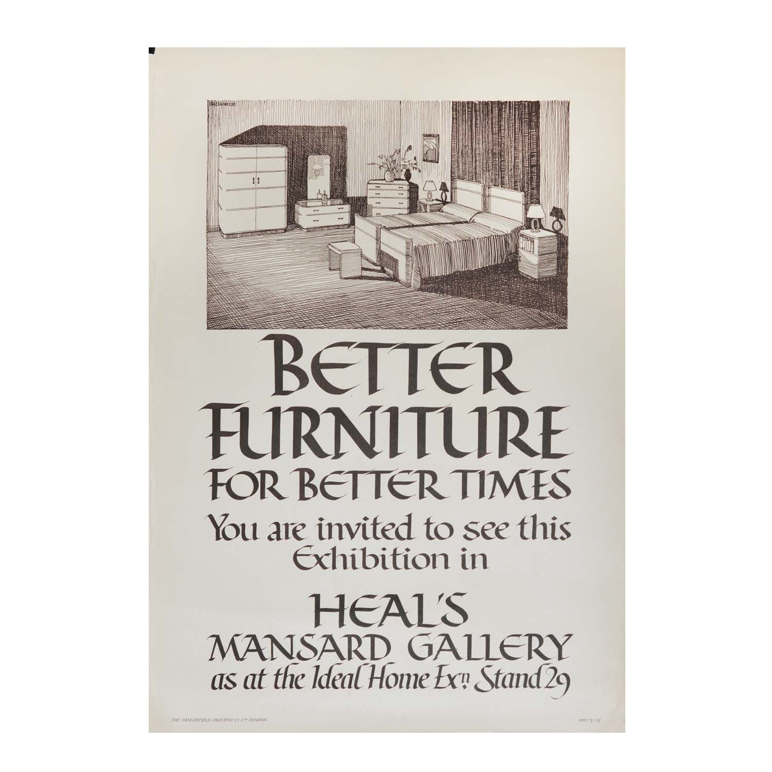 Original Mansard Gallery poster. Heal’s Department Store. 1930s. Art Deco bedroom furniture. Moderne.