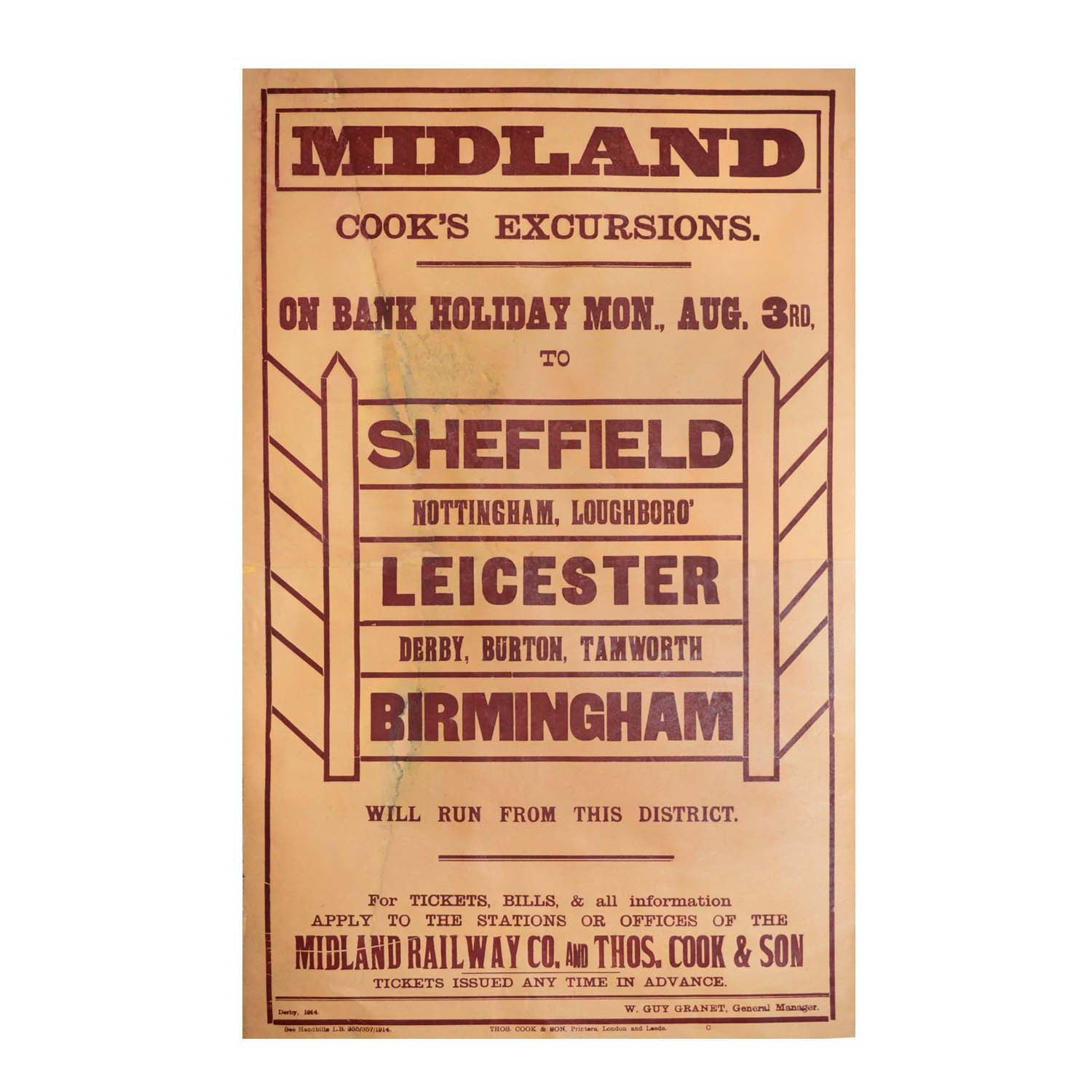 Original poster for Bank Holiday excursion trains on 3rd August 1914, the day before Britain declared war on Germany.