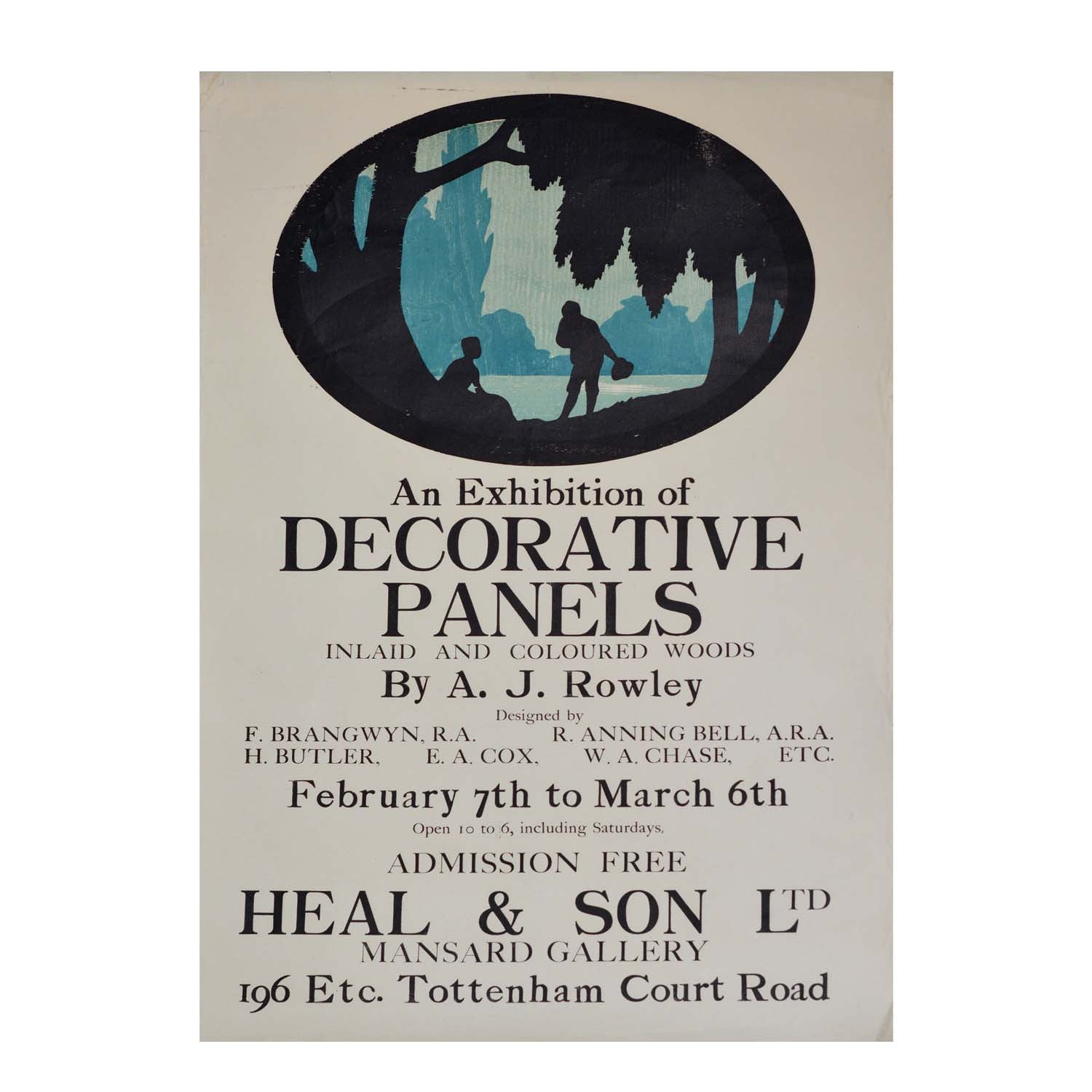 Original poster for the Mansard Gallery in Heal's department store, designed by A.J. Rowley in c.1925. It features a design by WA Chase, 'The Meeting', from his 'Watteau' series.