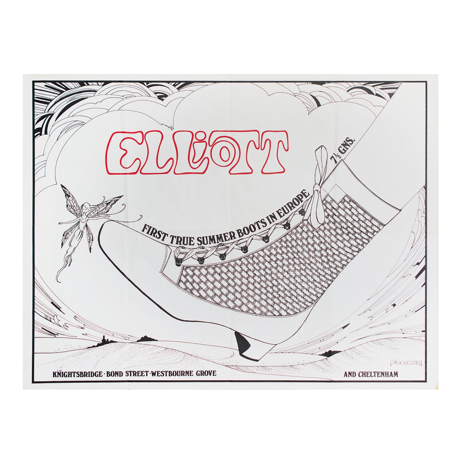 An original poster: First True Summer Boots in Europe, designed by Iris Wells in c.1966/67 for Elliott shoes. The poster depicts a lace up 'Summer Boot' in stencil with a small fairy. 