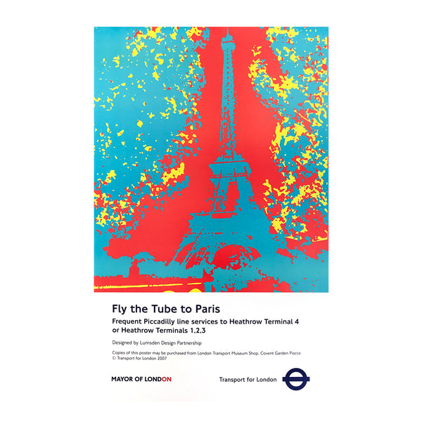 An original London Underground poster advertising Piccadilly line Tube services to Heathrow airport, featuring a striking graphic portrayal of the Eiffel Tower, Paris. 