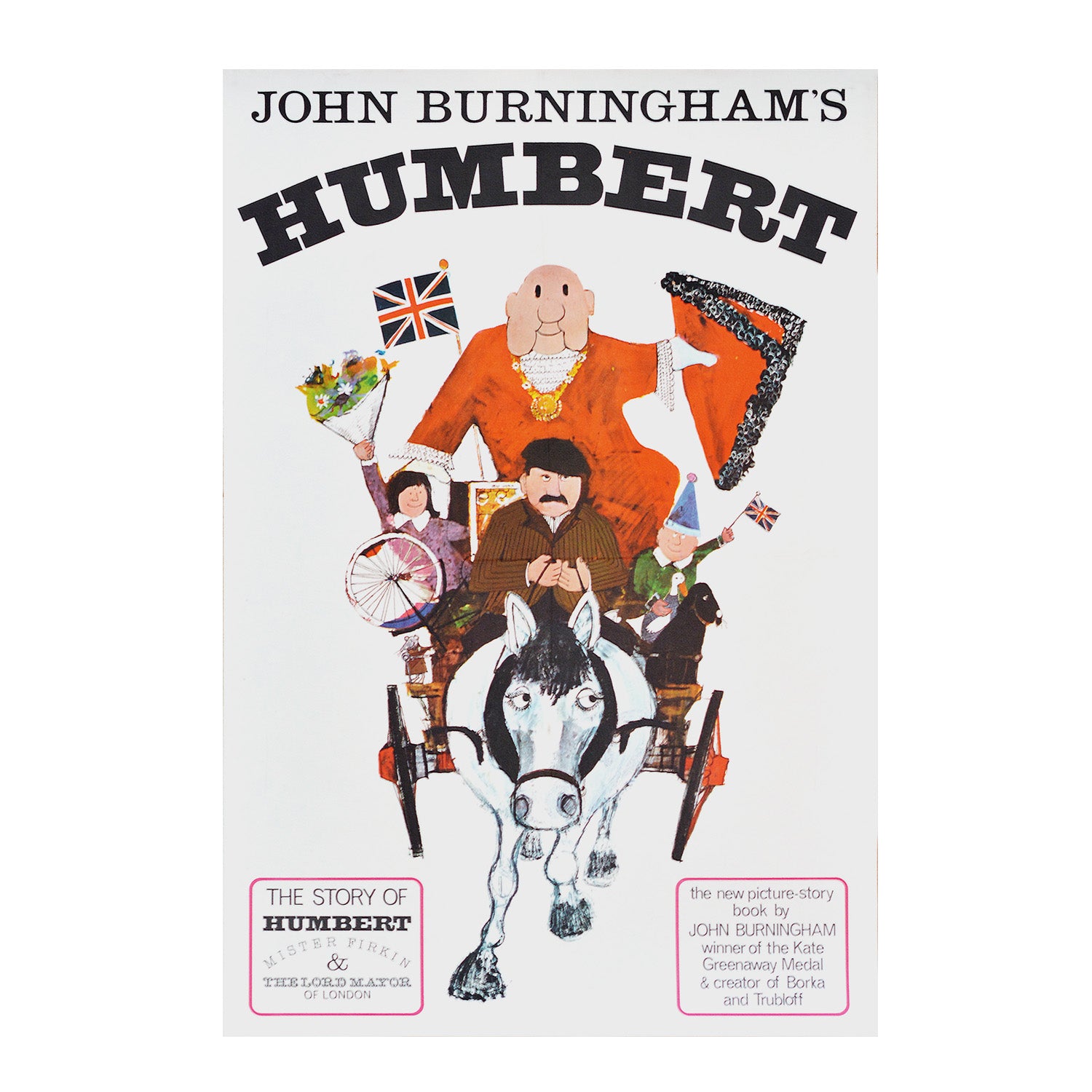 original promotional poster for John Burningham's joyful children's book Humbert, featuring a scene from the story (1965).