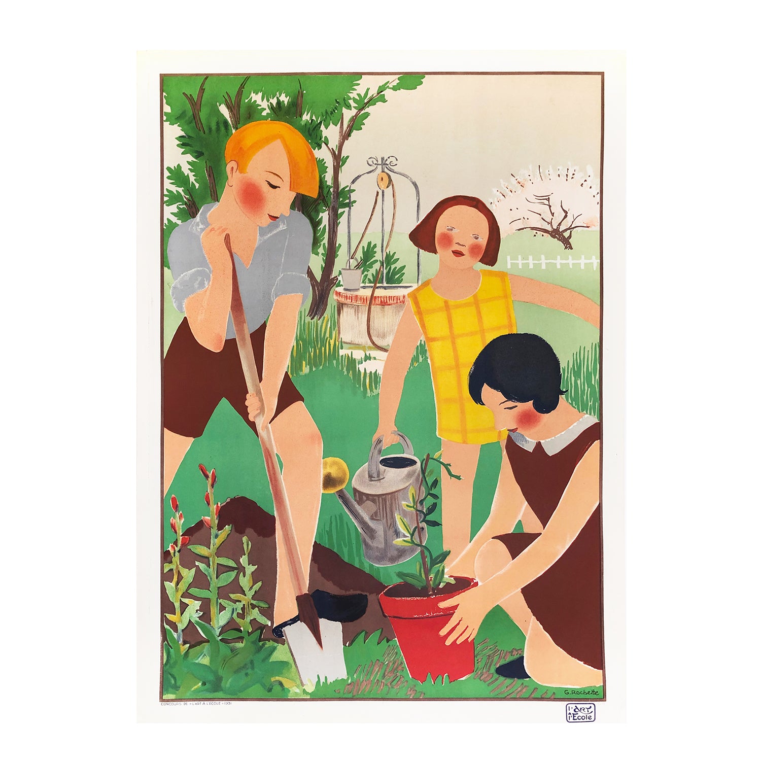 Original French classroom poster 'L'art à l'école' published by Ecole Art et Publicitie, 1931. Image features three children gardening. 