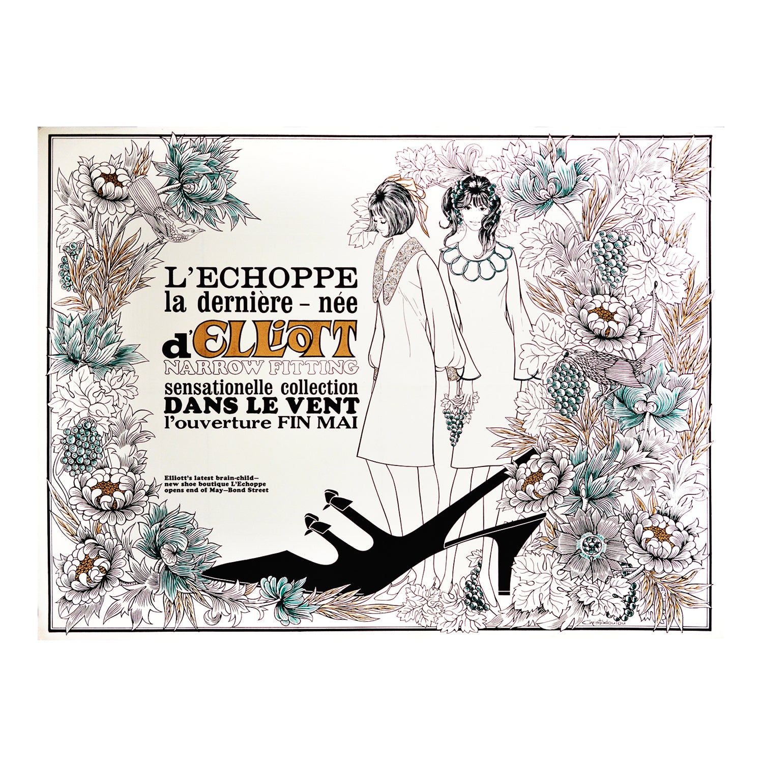 An original marketing poster: L'Echoppe la Derniere (Elliott) designed by Paul Christodoulou in 1963. The image depicts two young women surrounded by flowers and a large block print of a slip-on shoe. 