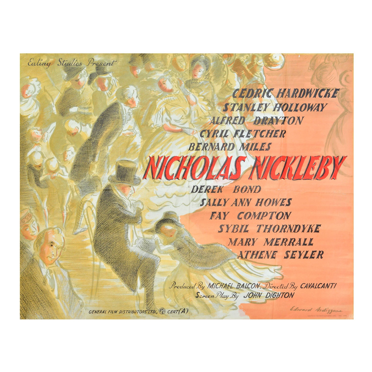 original 1947 film poster for The Life and Adventures of Nicholas Nickleby, designed by Edward Ardizzone. Charles Dickens, Ealing Studios, Alberto Cavalcanti