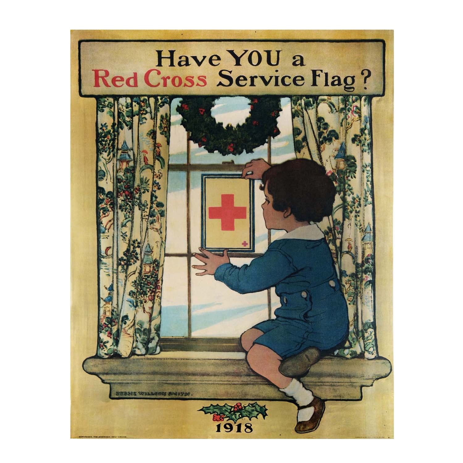 Original First World War era Red Cross poster by illustrator Jessie Willcox Smith, 1918. The design features a little boy folding up the red cross symbol to his window.