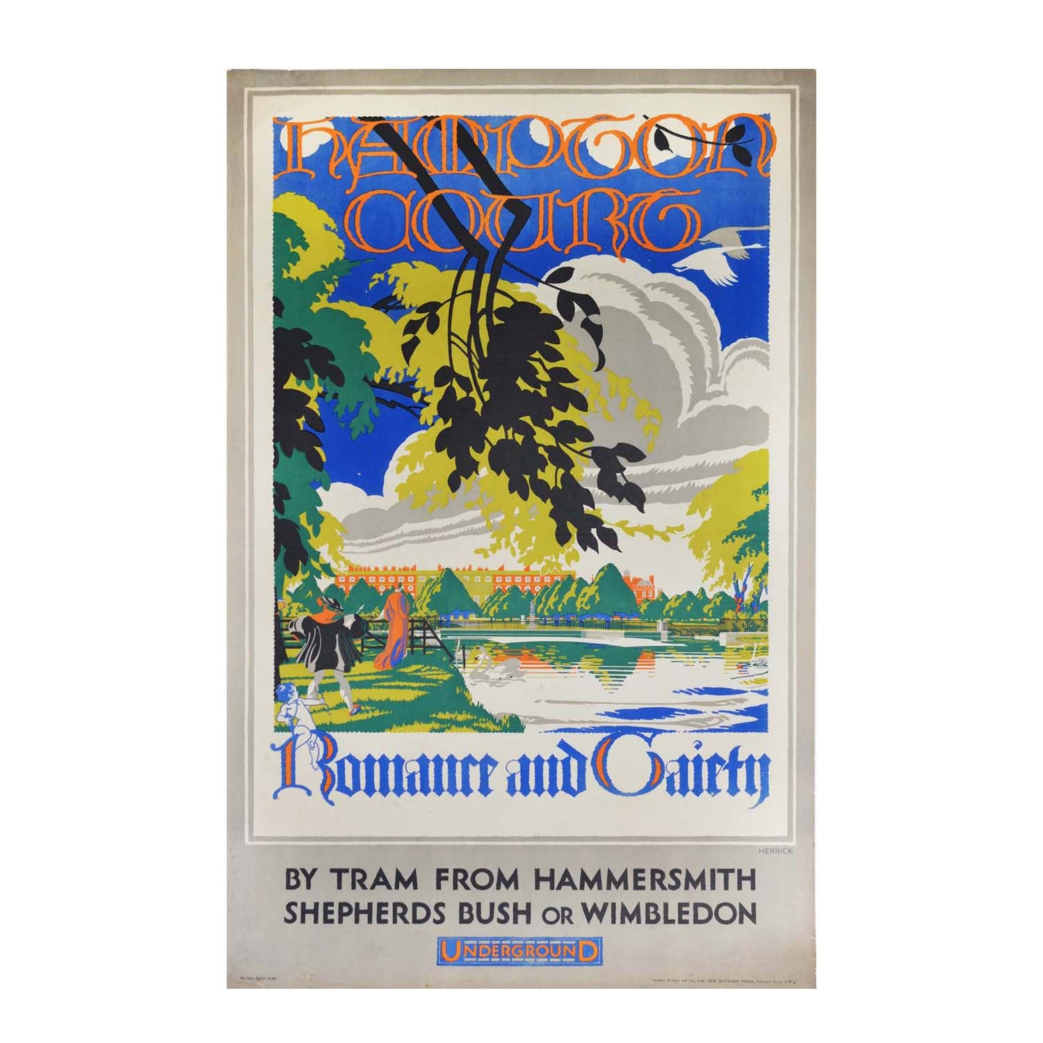 Original London Underground poster: Hampton Court by Charles Herrick, depicting a green countryside with the text 'Romance and Gaiety underneath. 
