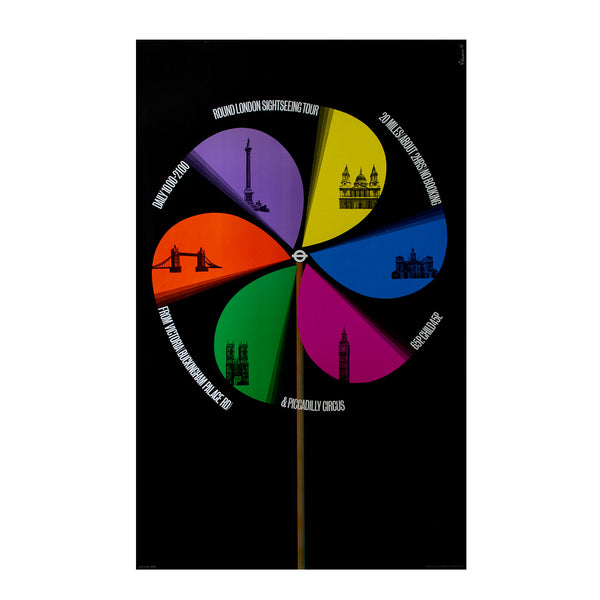 Original London Transport poster designed by Harry Stevens in 1973 for the new 'Round London Sightseeing Tour'. Image shows a pinwheel, highlighting London landmarks on each arm.