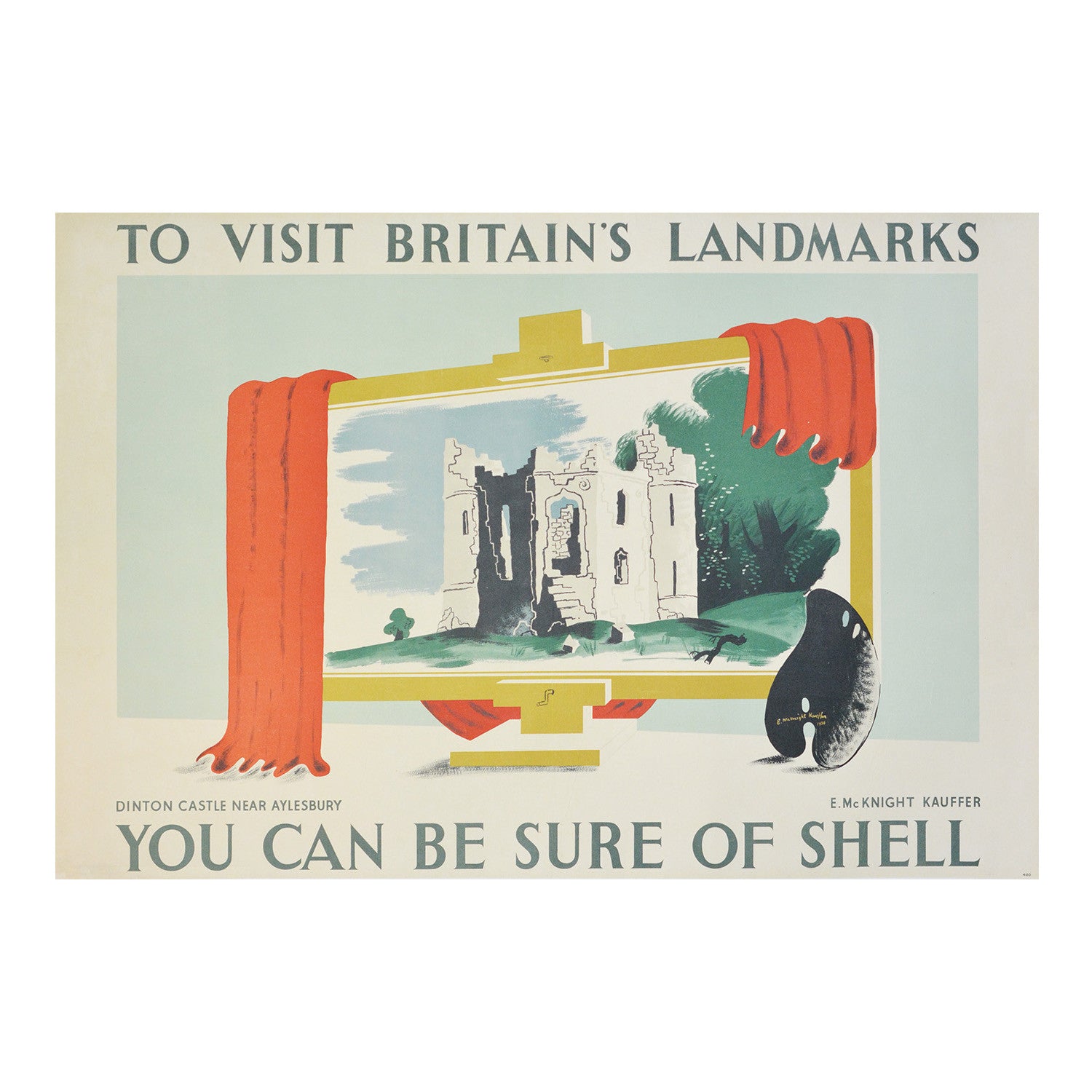 Original Shell poster: Dinton Castle, Edward McKnight Kauffer, 1936. Modernist-inspired design features a framed representation of Dinton Castle near Aylesbury, Buckinghamshire