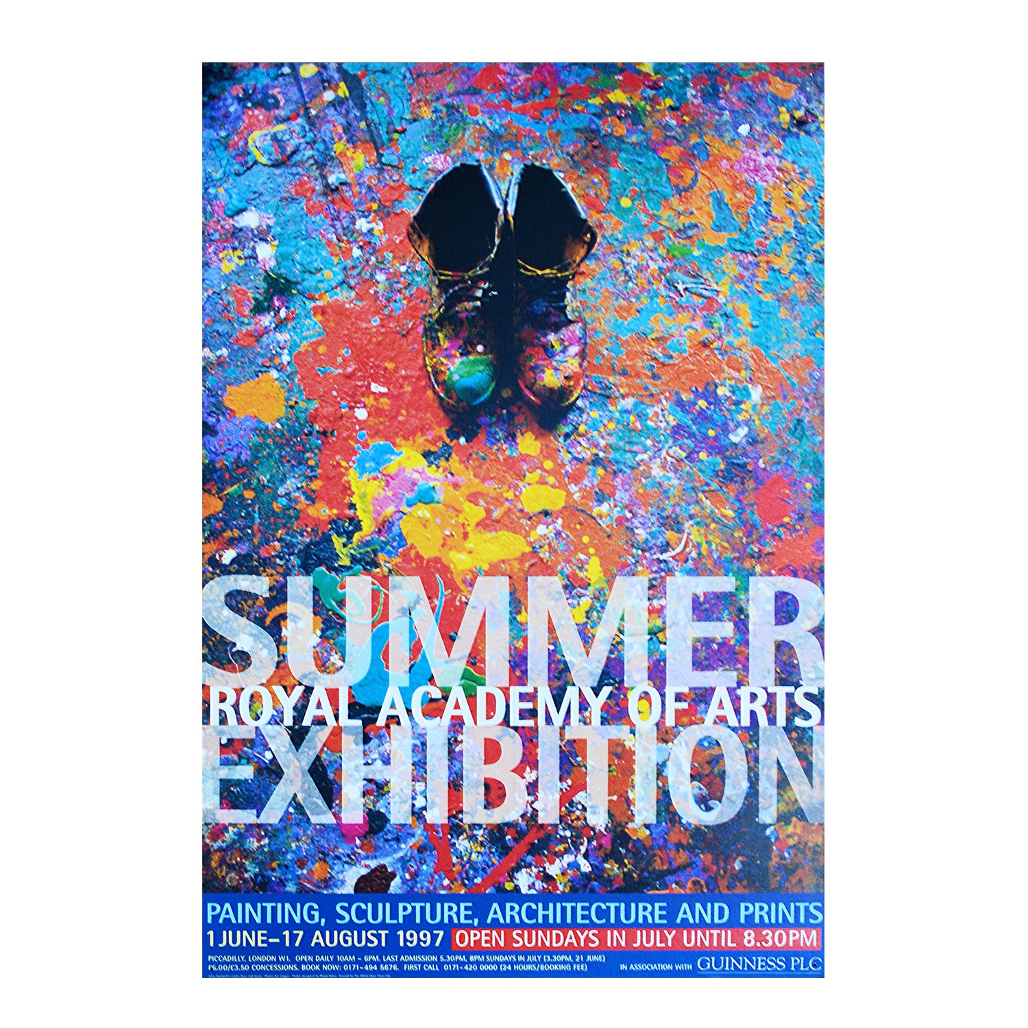 original poster, for the Royal Academy Summer Exhibition in 1997 featuring a photograph of the artist John Hoyland's studio floor and paint splattered boots