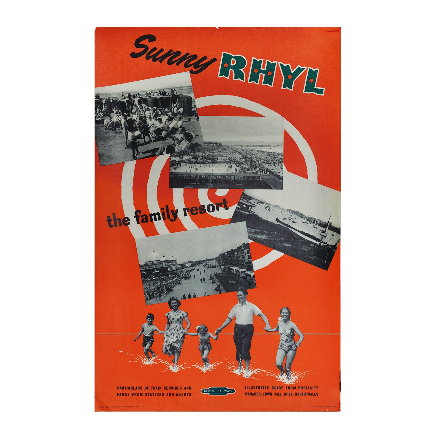 Original British Railways poster for 'Sunny Rhyl', 1956. The poster shows different snapshots of the holiday resort, with a cut out family splashing in the sea, against a contemporary spiral background.