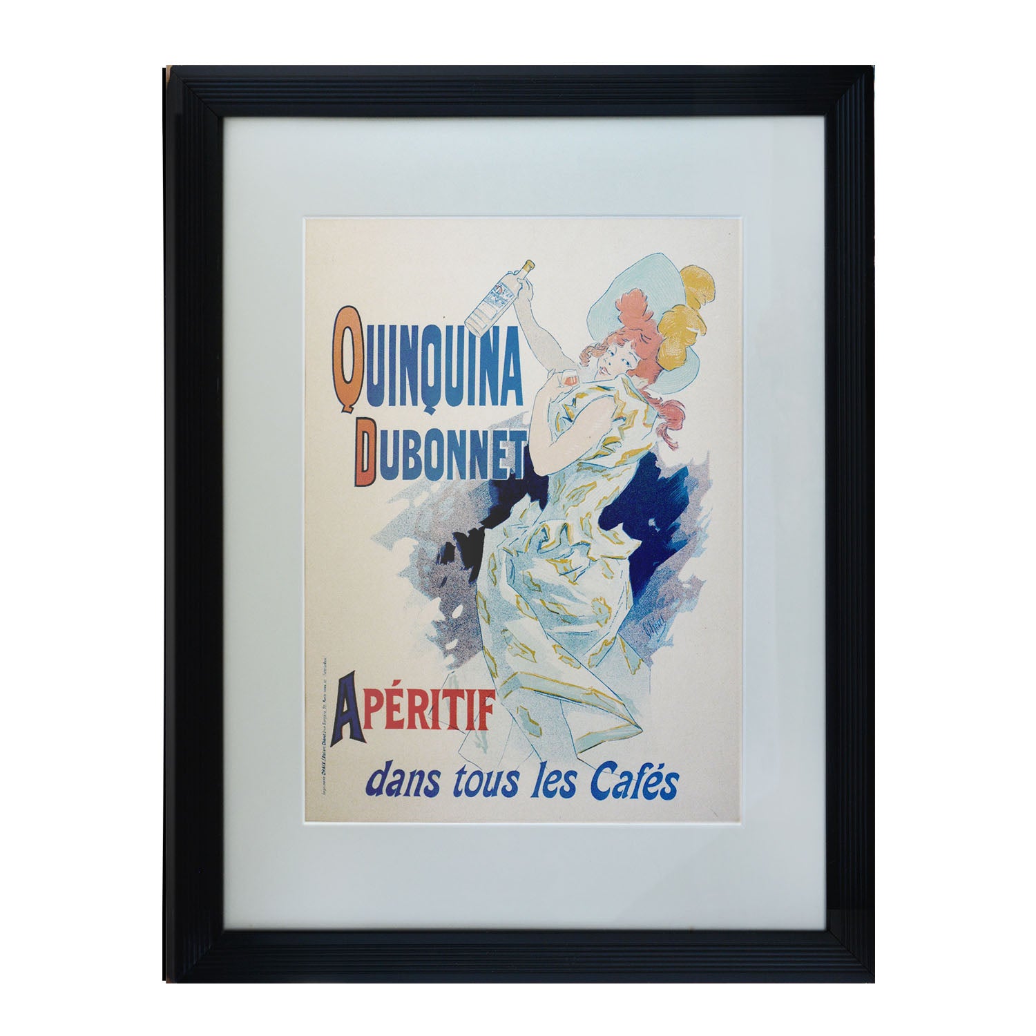 Original poster: “Quinquina Dubonnet, Les Maitres de l'Affiche" ("The Masters of the Poster"), designed by Jules Chéret, 1896. Design shows a well-dressed woman holding a bottle of Dubonnet.
