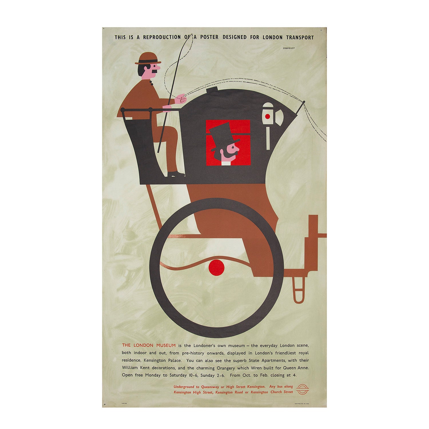 Original London Transport (LT) poster by noted British designer Tom Eckersley promoting the London Museum, featuring a nineteenth century Handsome Cab.